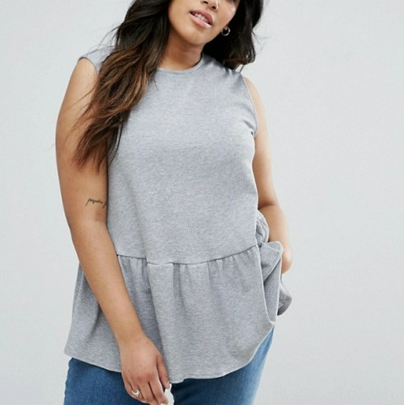 ASOS Curve Tops - New ASOS Curve Gray Ribbed Swing Top Ruffle Hem 20